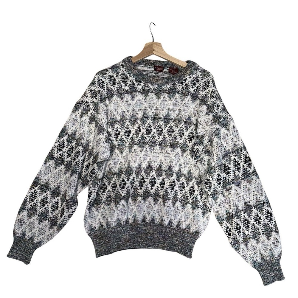VTG Bachrach Mens Sz XL Coogi Style Gray White Textured 3D Knit Sweater Winter